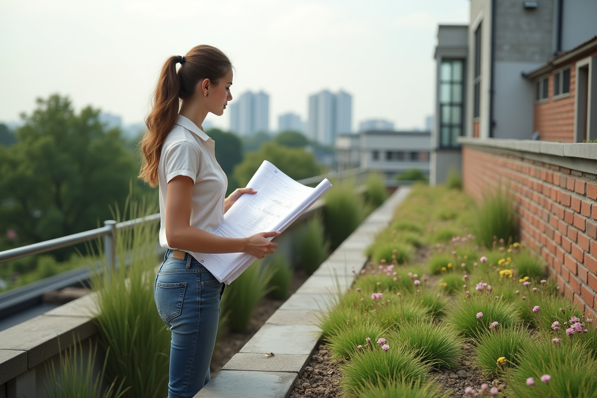 Jeune architecte tenant un plan sur un toit végétal