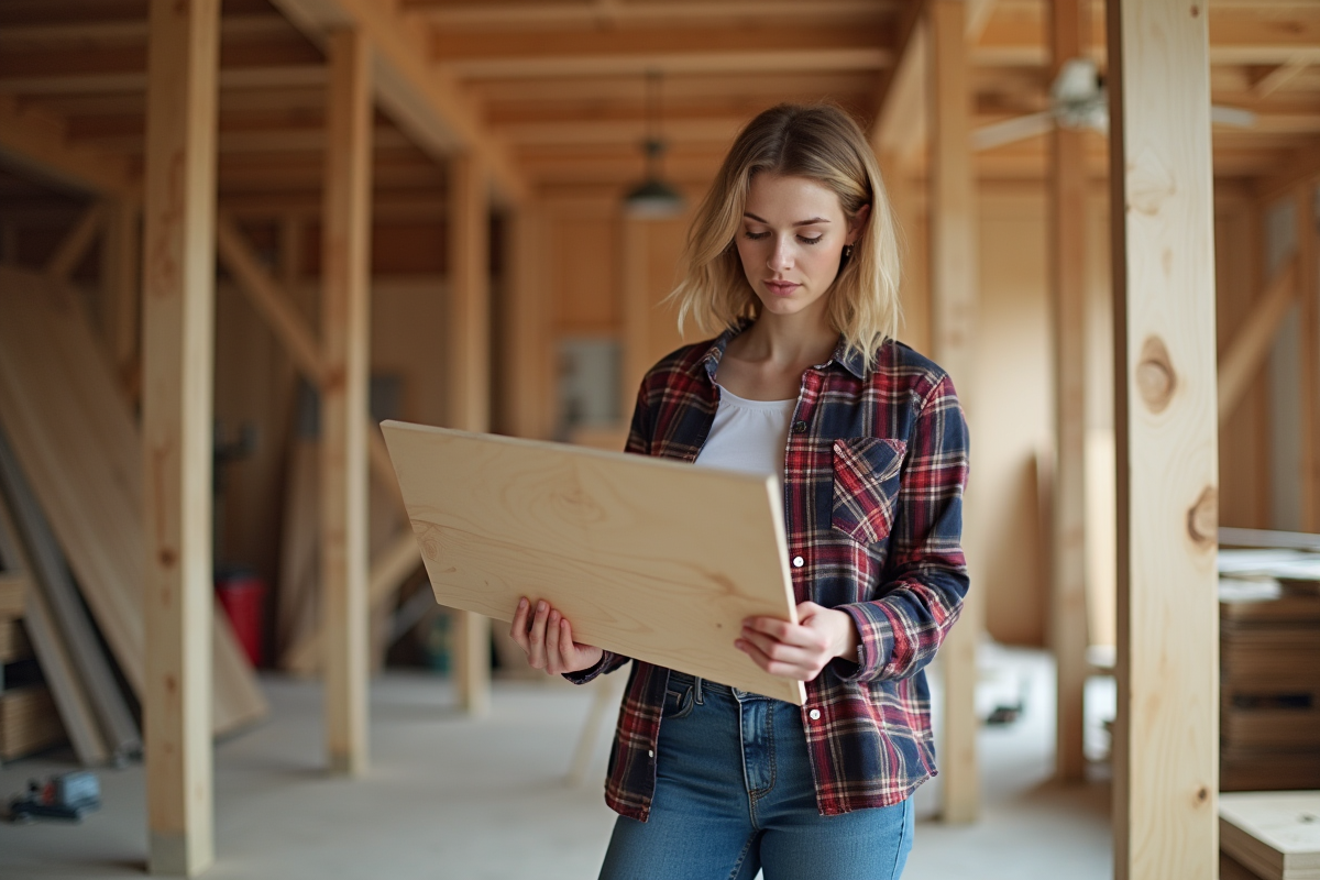 Jeune architecte inspectant une planche de contreplaqué en atelier