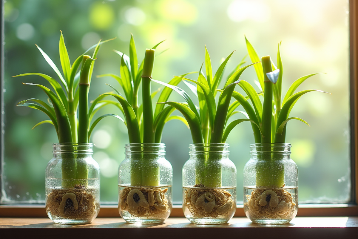 Plusieurs bambous verts dans des verres d