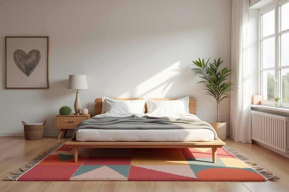 Chambre scandinave chaleureuse avec tapis géométrique et lumière douce