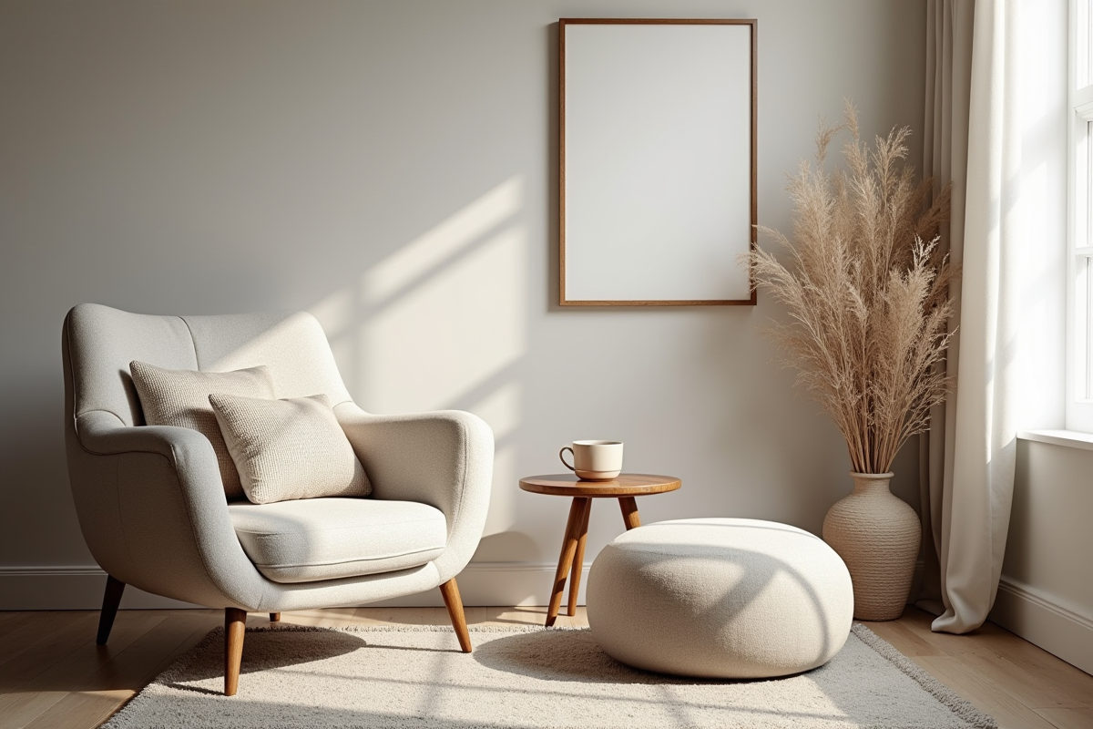 Coin lecture cosy avec fauteuil en jonc de mer et coussins