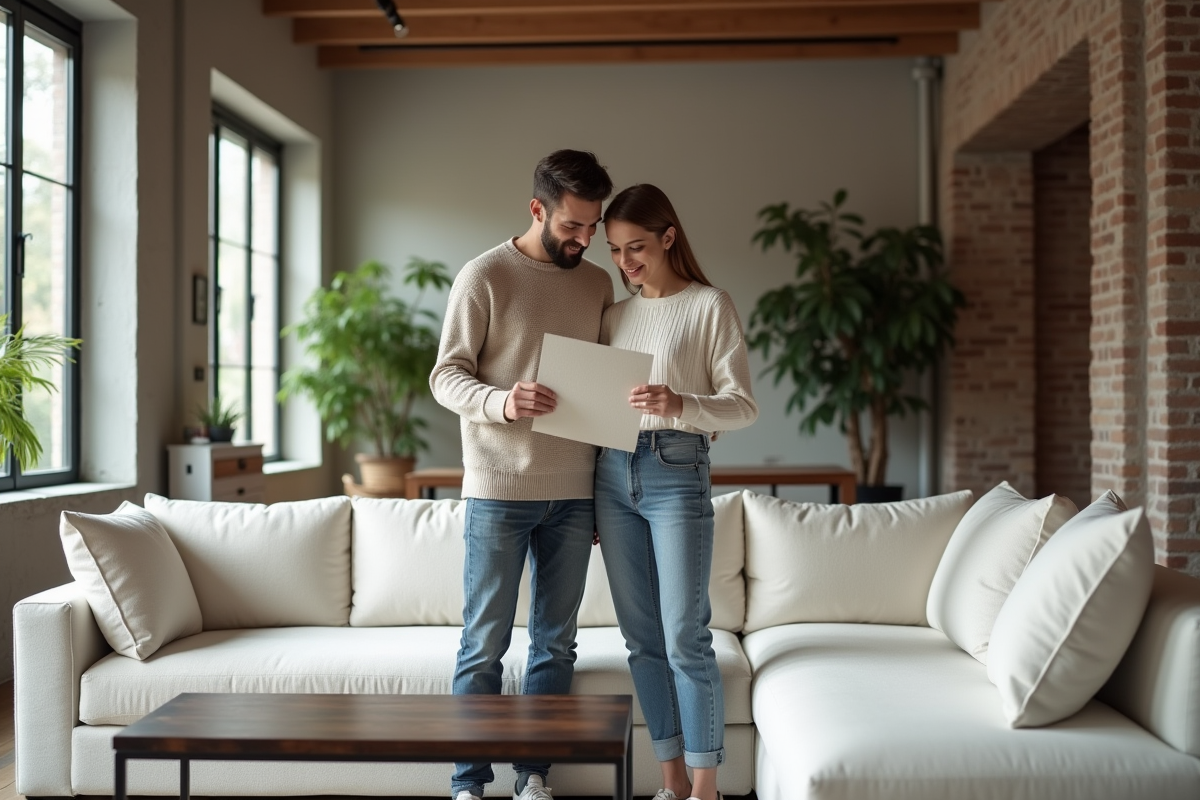 Jeune couple comparant des échantillons de tissu dans un loft moderne
