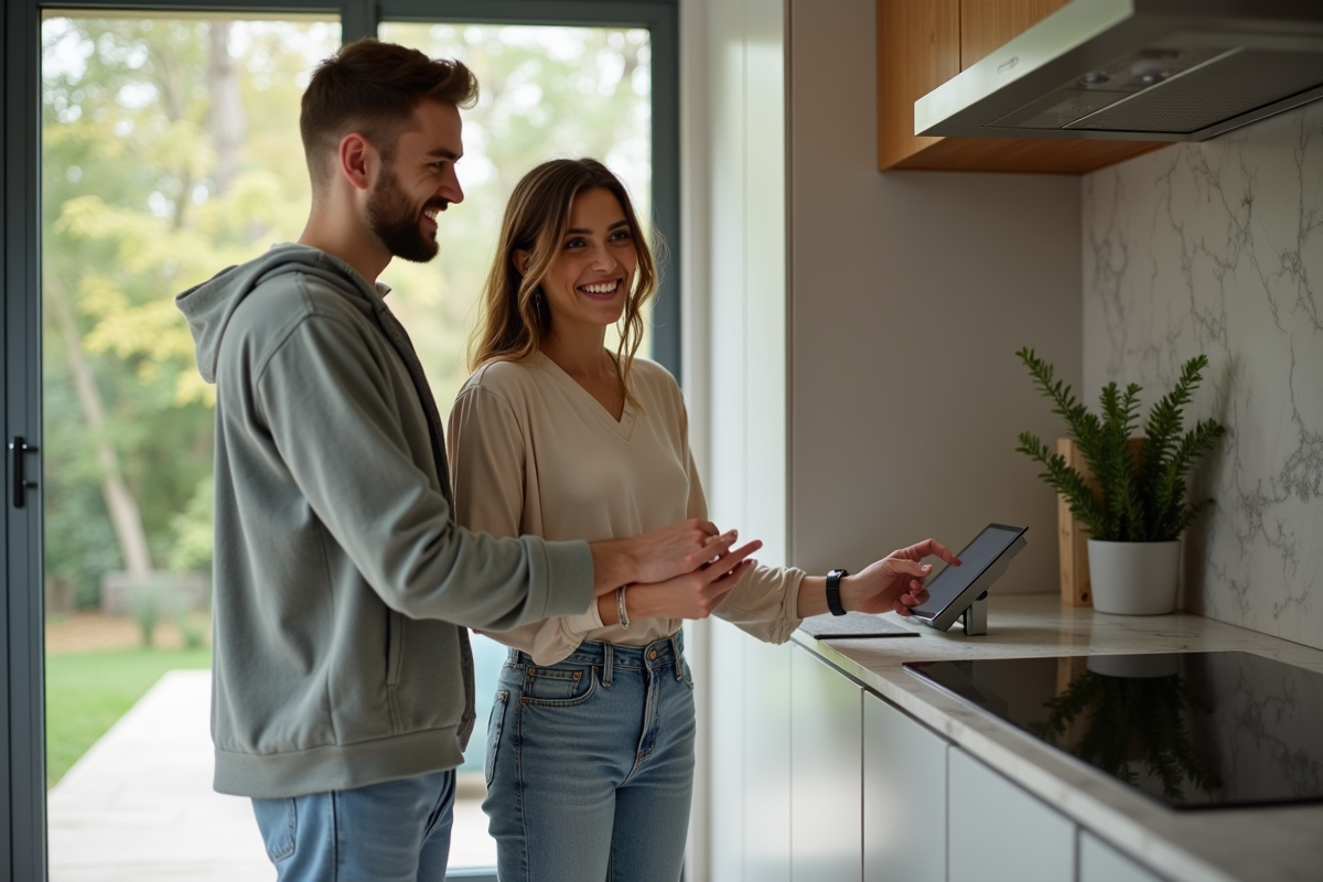 Jeune couple explorant la maison connectée dans la cuisine