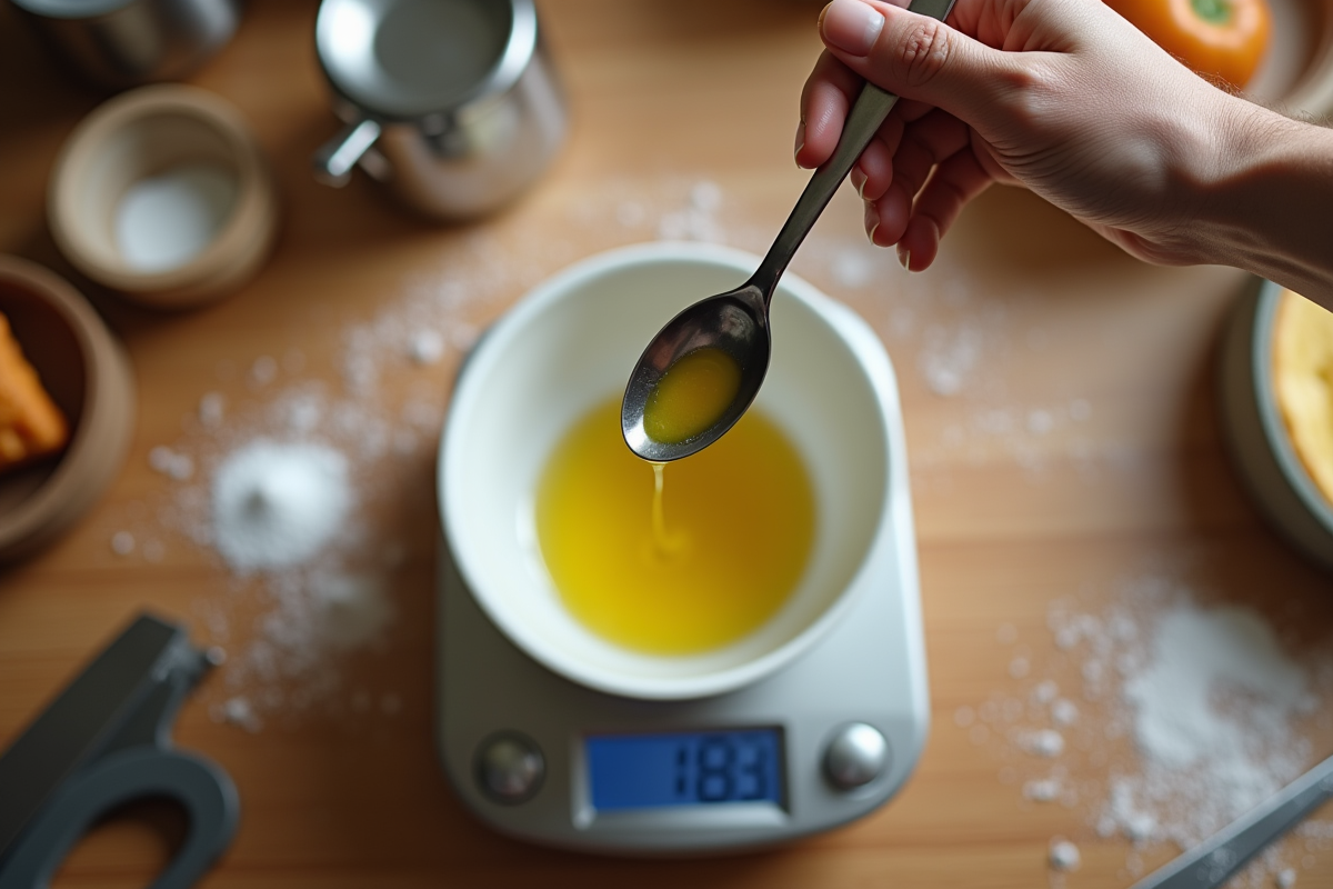 Cuillère versant de l huile d olive sur une balance de cuisine