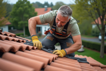 Couvreur middleaged posant des tuiles sur un toit moderne