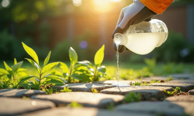 Personne versant du vinaigre blanc sur des mauvaises herbes entre pavés