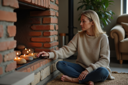 Femme assise près d’un radiateur en briques avec chaleur