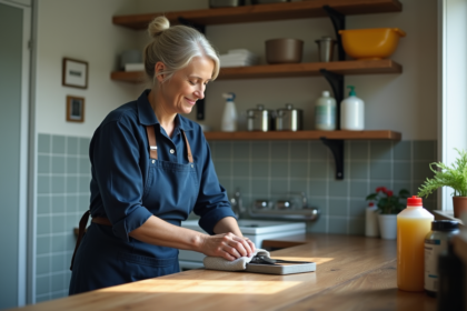 Femme désinfectant des outils de jardinage dans un atelier