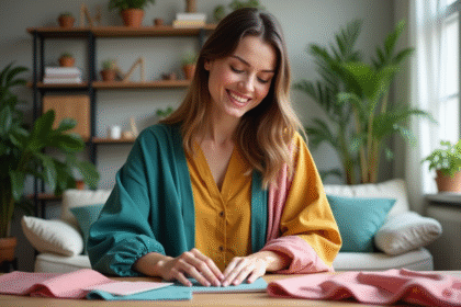Femme souriante avec échantillons de tissus dans un salon lumineux