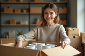 Femme emballant des mugs en kraft recyclé dans un espace lumineux