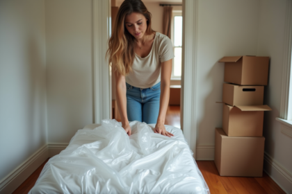 Jeune femme emballant un matelas dans un couloir d'appartement