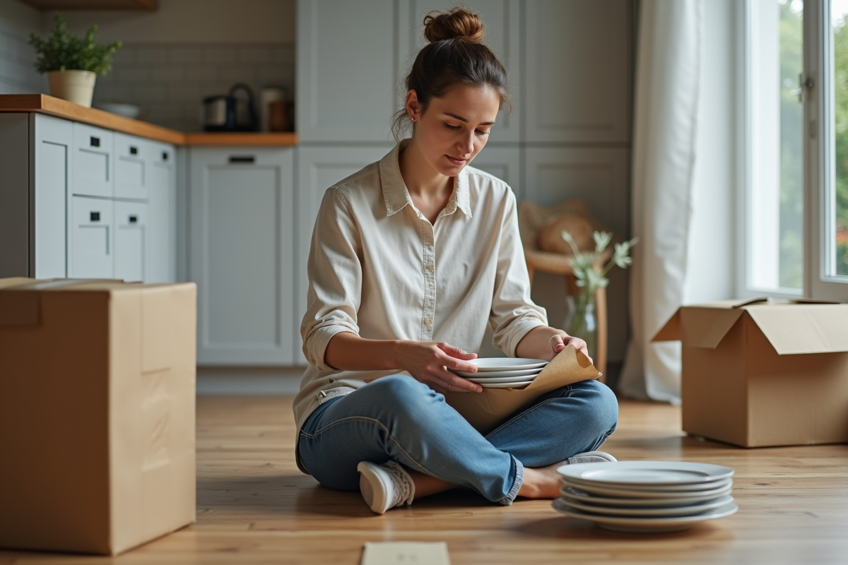 Femme emballant des plaques en céramique dans une cuisine moderne