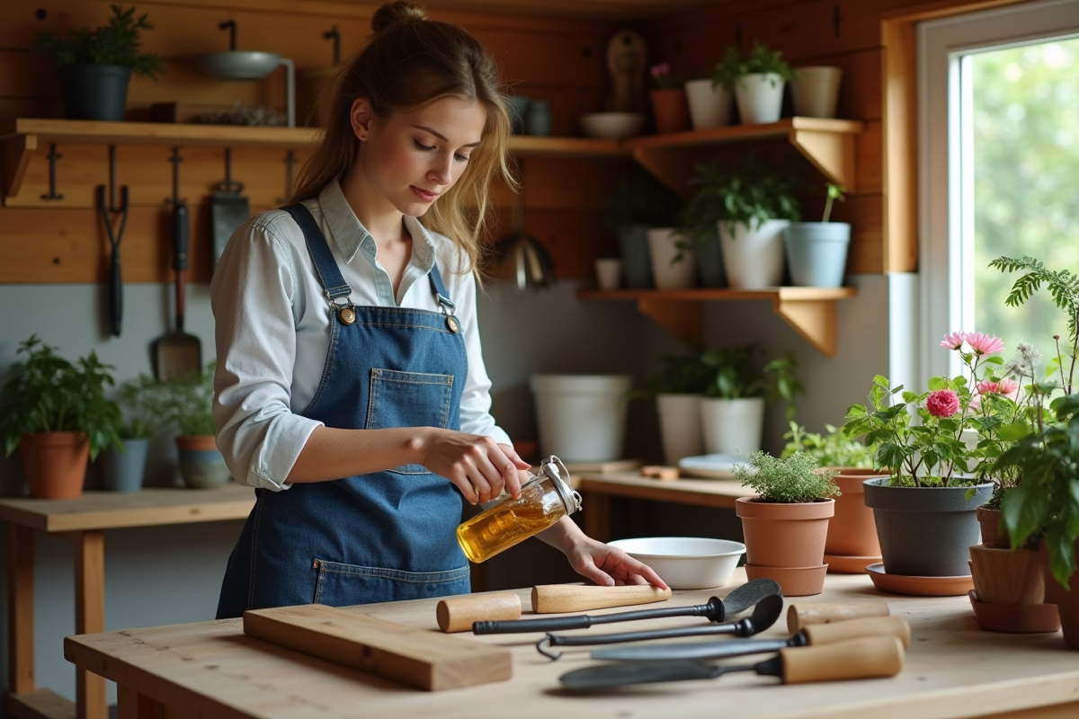 Jeune femme huilant des outils de jardin dans un atelier