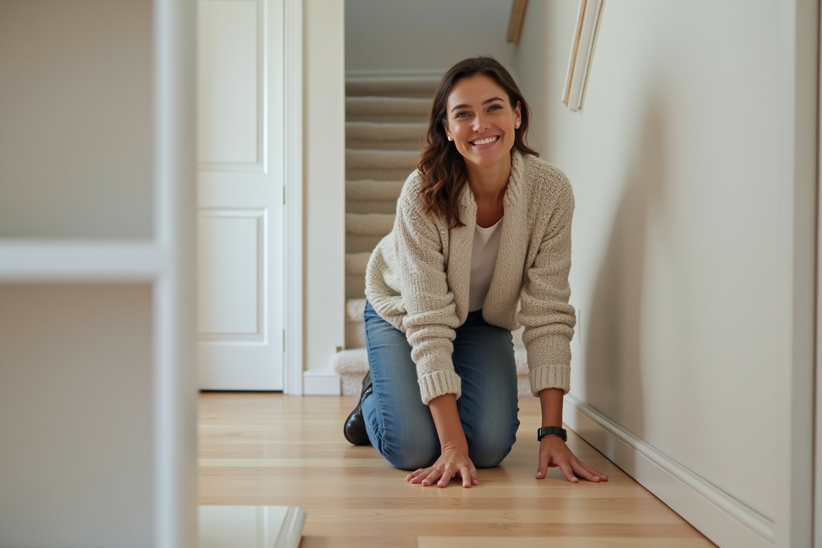 Femme pose des plinthes dans un sous-sol fini