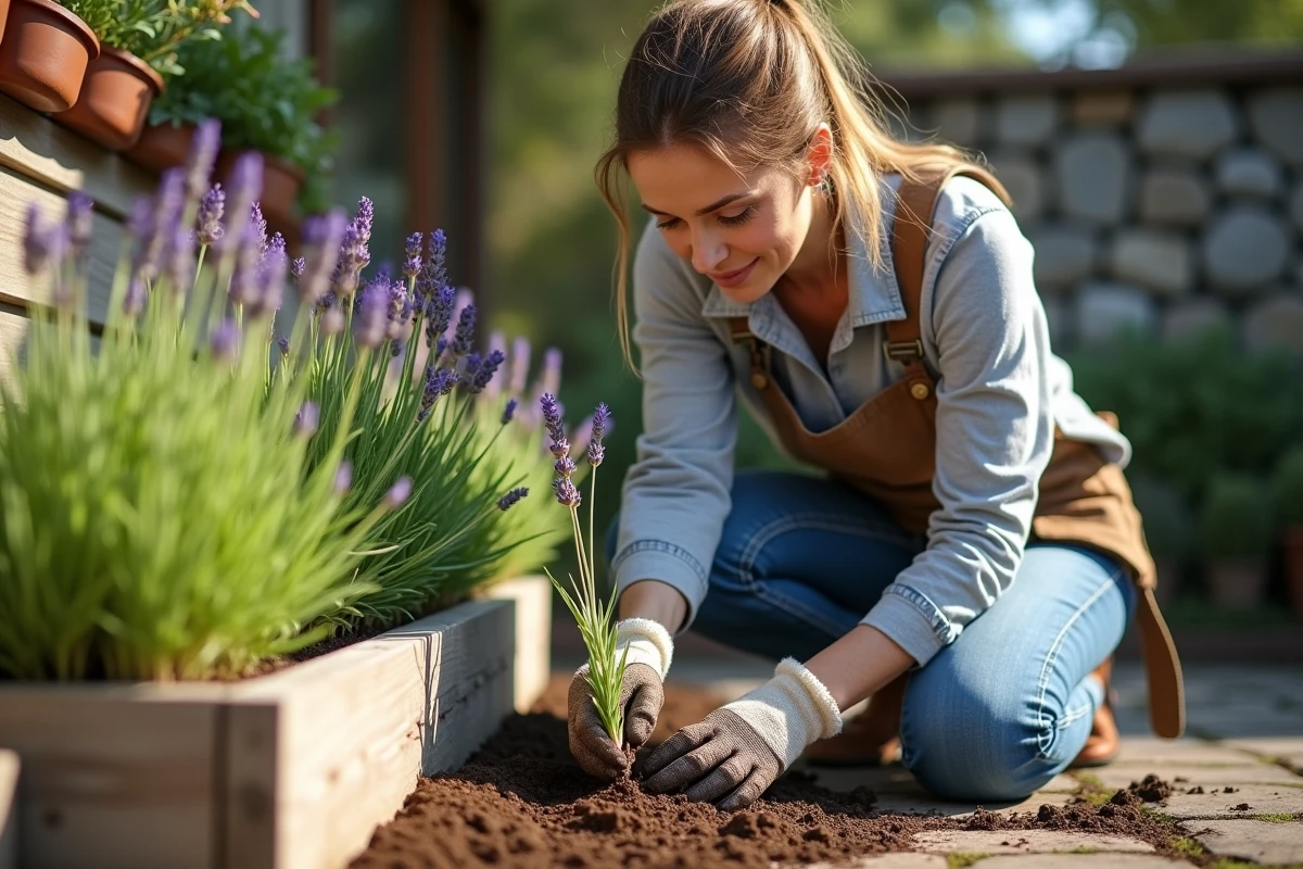 Femme plantant de la lavande dans un jardin en plein air