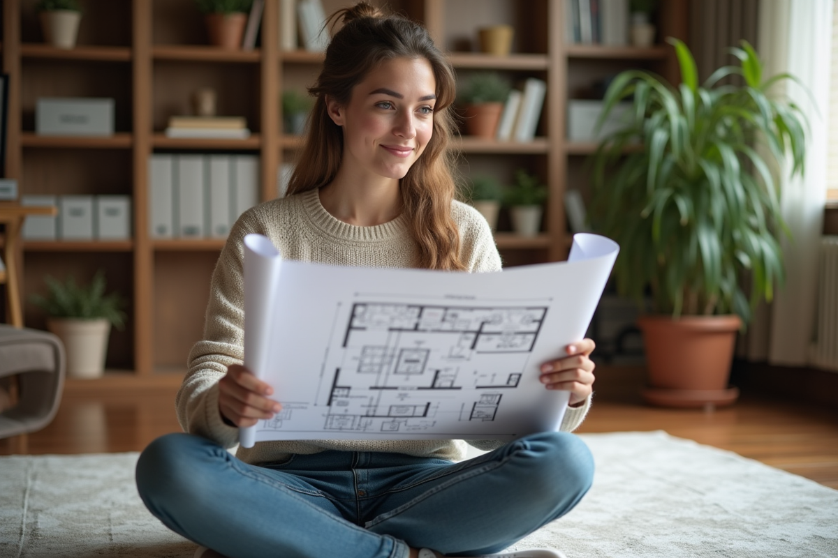 Jeune femme consulte un plan et une tablette dans le salon