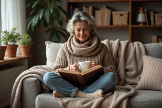 Femme assise sur un sofa lisant un livre en laine
