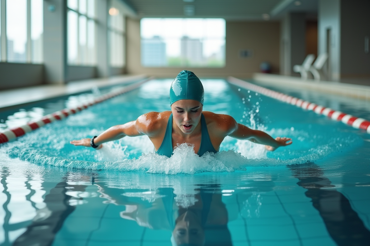 Jeune femme nageant en crawl dans une piscine intérieure