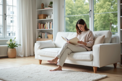 Femme assise sur un canapé en tissu blanc dans un salon lumineux