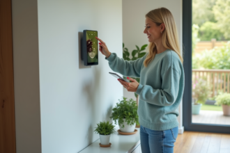 Femme souriante utilisant une tablette pour régler un thermostat intelligent