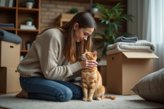 Jeune femme caressant un chat ginger dans un intérieur désordonné