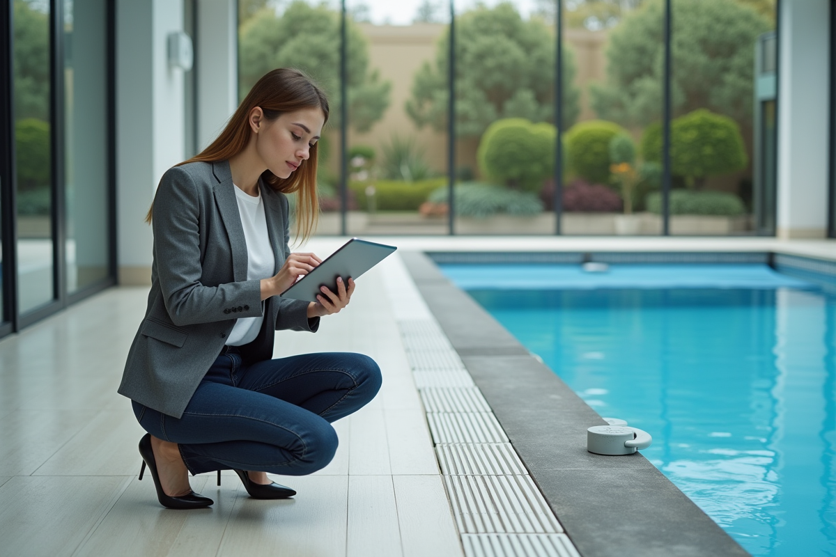 Femme avec tablette près de la piscine intérieure