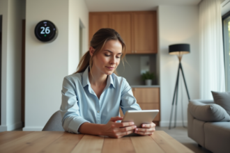 Femme d'âge moyen utilisant une tablette dans un salon moderne