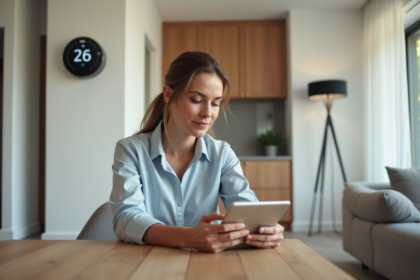 Femme d'âge moyen utilisant une tablette dans un salon moderne