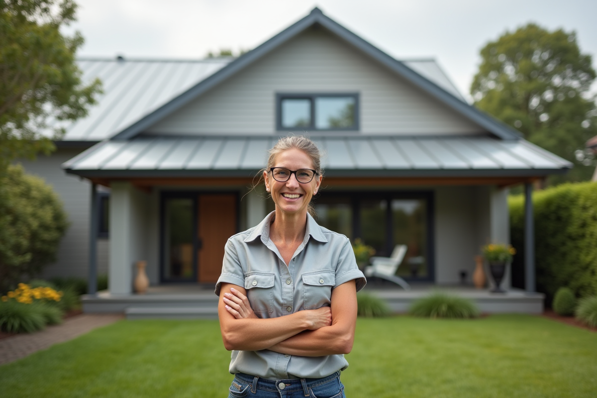 Femme souriante vérifiant le toit en métal de sa maison