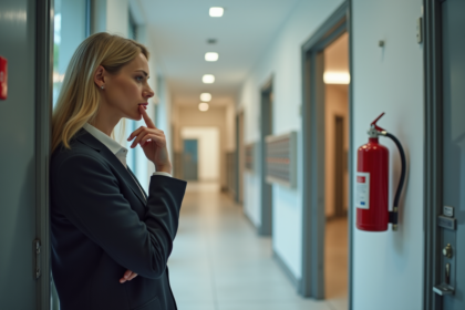 Femme d age moyenne examine un extincteur dans un couloir lumineux