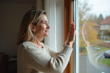 Femme vérifiant le double vitrage dans un salon lumineux