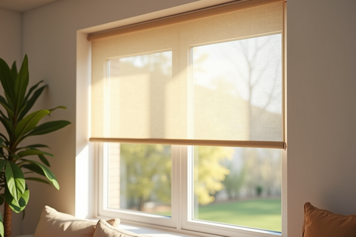 Fenêtre moderne dans un salon lumineux avec moustiquaire enroulable partiellement déployée