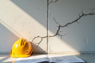 Zoom sur un mur en béton fissuré avec casque et plan