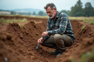Géologue homme examine couches de sol dans une excavation
