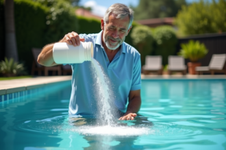 Homme versant flocculant dans la piscine en été