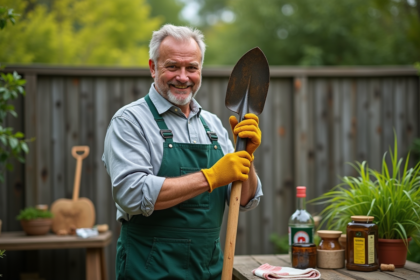 Homme en tenue de jardinage appliquant de l'huile sur une pelle