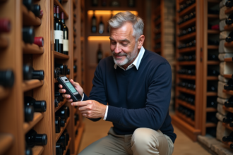 Homme vérifiant un hygromètre dans une cave à vin élégante