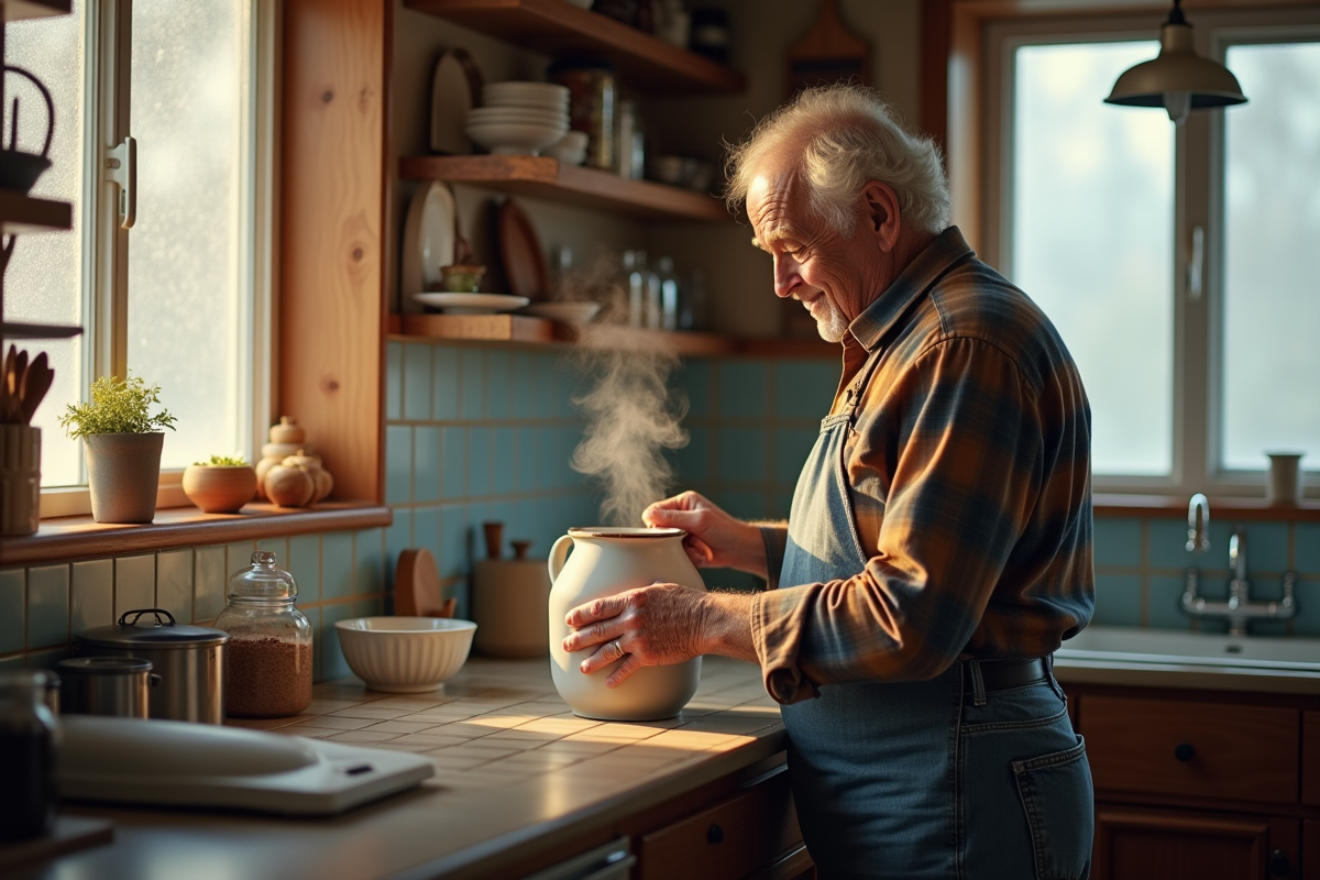 Homme âgé versant de l’eau chaude dans un chauffe-bouteille en céramique