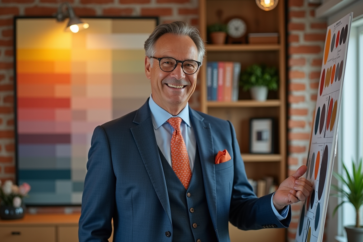 Homme en costume devant un mur de nuanciers de couleurs