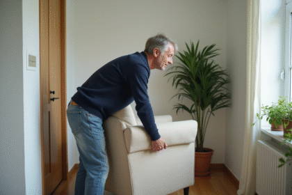 Homme d'âge moyen déplaçant un fauteuil dans un couloir étroit