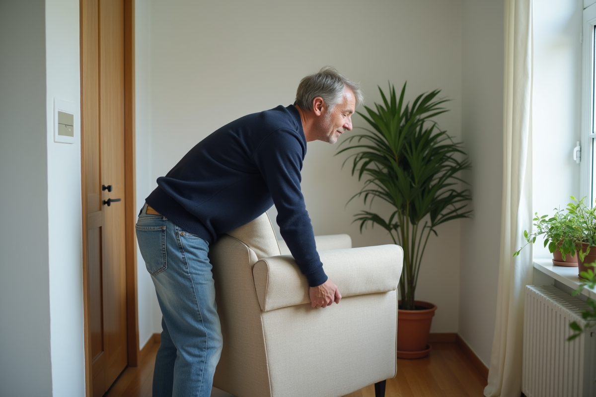 Homme d'âge moyen déplaçant un fauteuil dans un couloir étroit