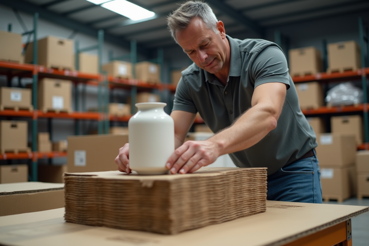 Homme emballant un colis fragile dans un entrepôt organisé
