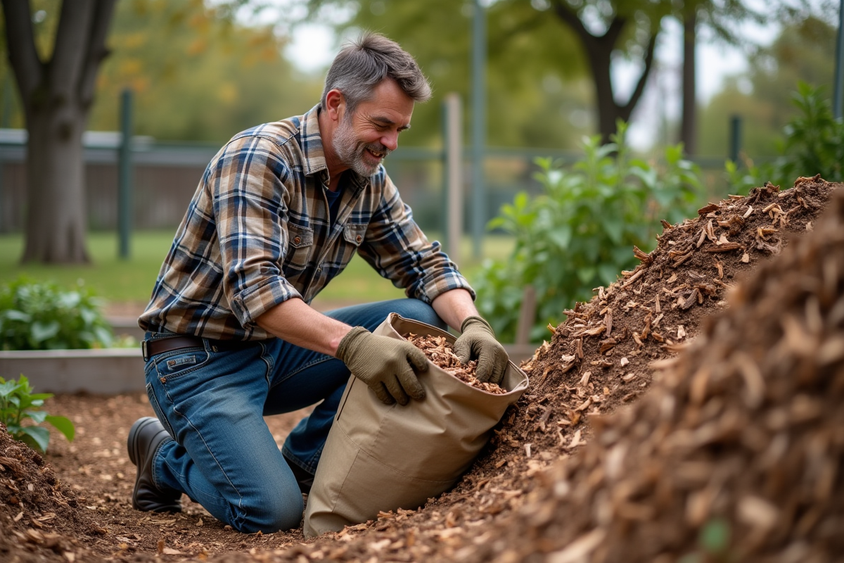 Homme en jeans et chemise à carreaux dans un jardin urbain avec du mulch