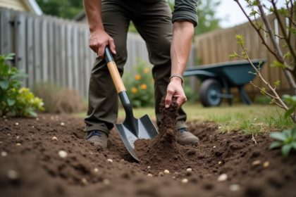 Homme d'âge moyen creusant la terre dans un jardin