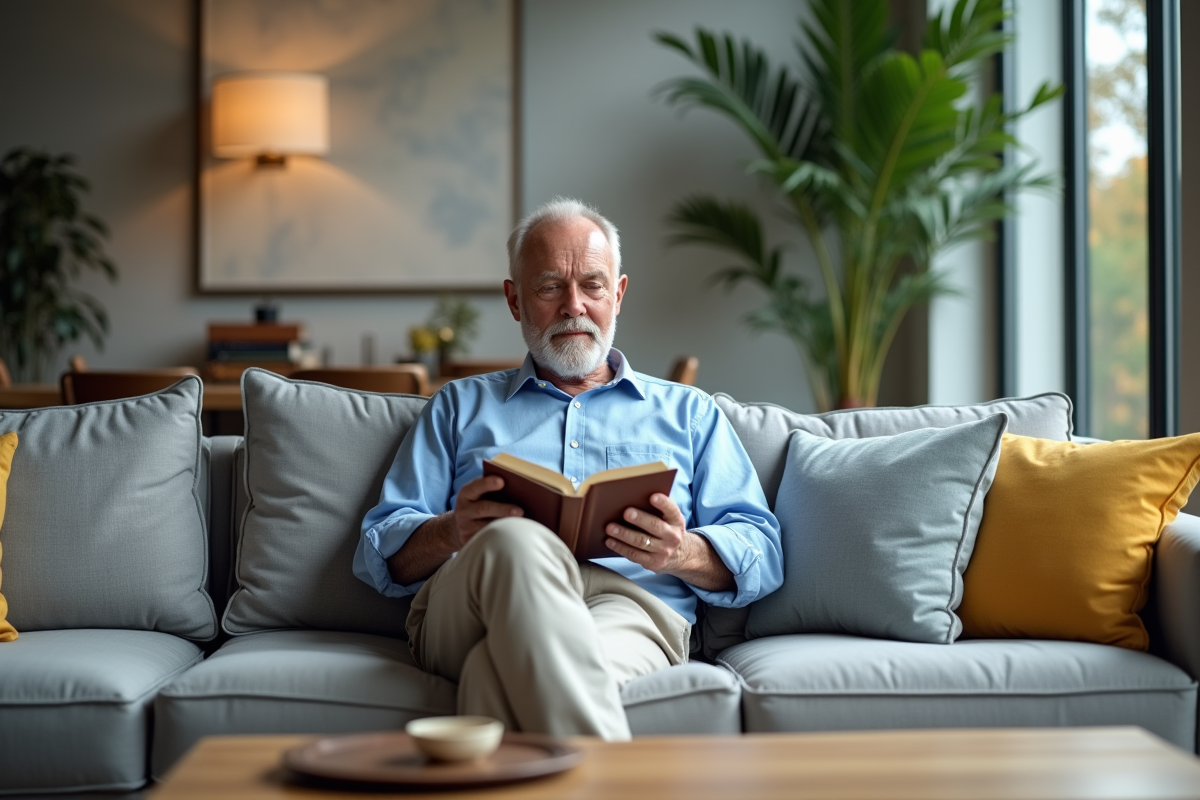 Homme mature lisant dans un salon lumineux et épuré