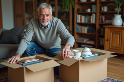 Homme d'âge moyen triant des objets dans un salon chaleureux