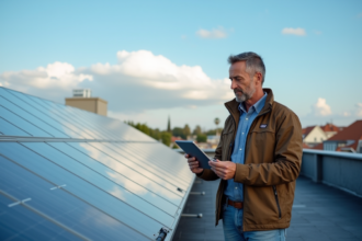Homme d'âge moyen près de panneaux solaires sur un toit urbain