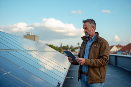 Homme d'âge moyen près de panneaux solaires sur un toit urbain