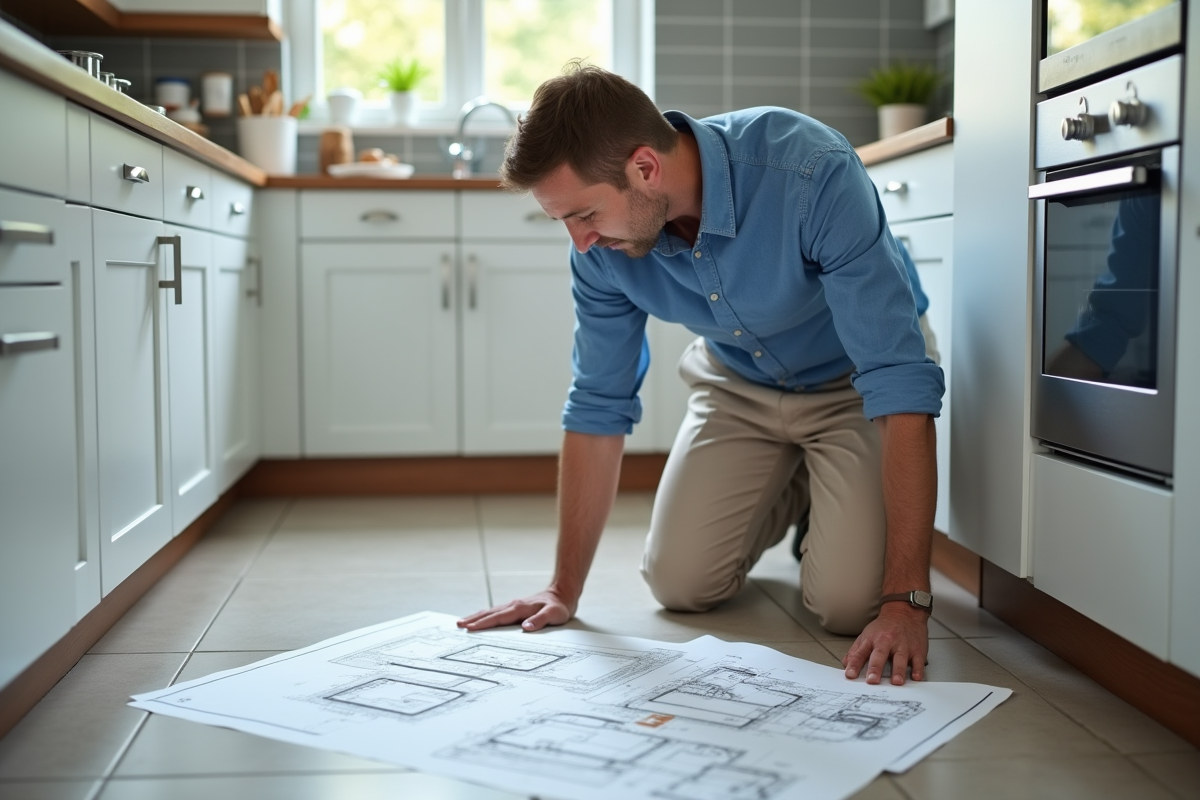 Homme moyenâgeux étudie un plan de plomberie dans la cuisine