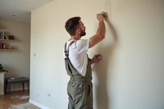 Hommes en tenue de travail appliquant un enduit sur un mur intérieur